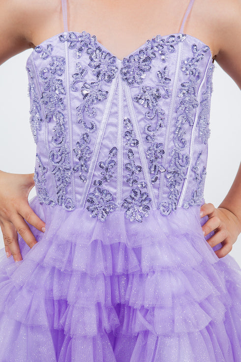 Girls Sweetheart Corset Top Detailed Multi Layered Skirt Dress 4-16